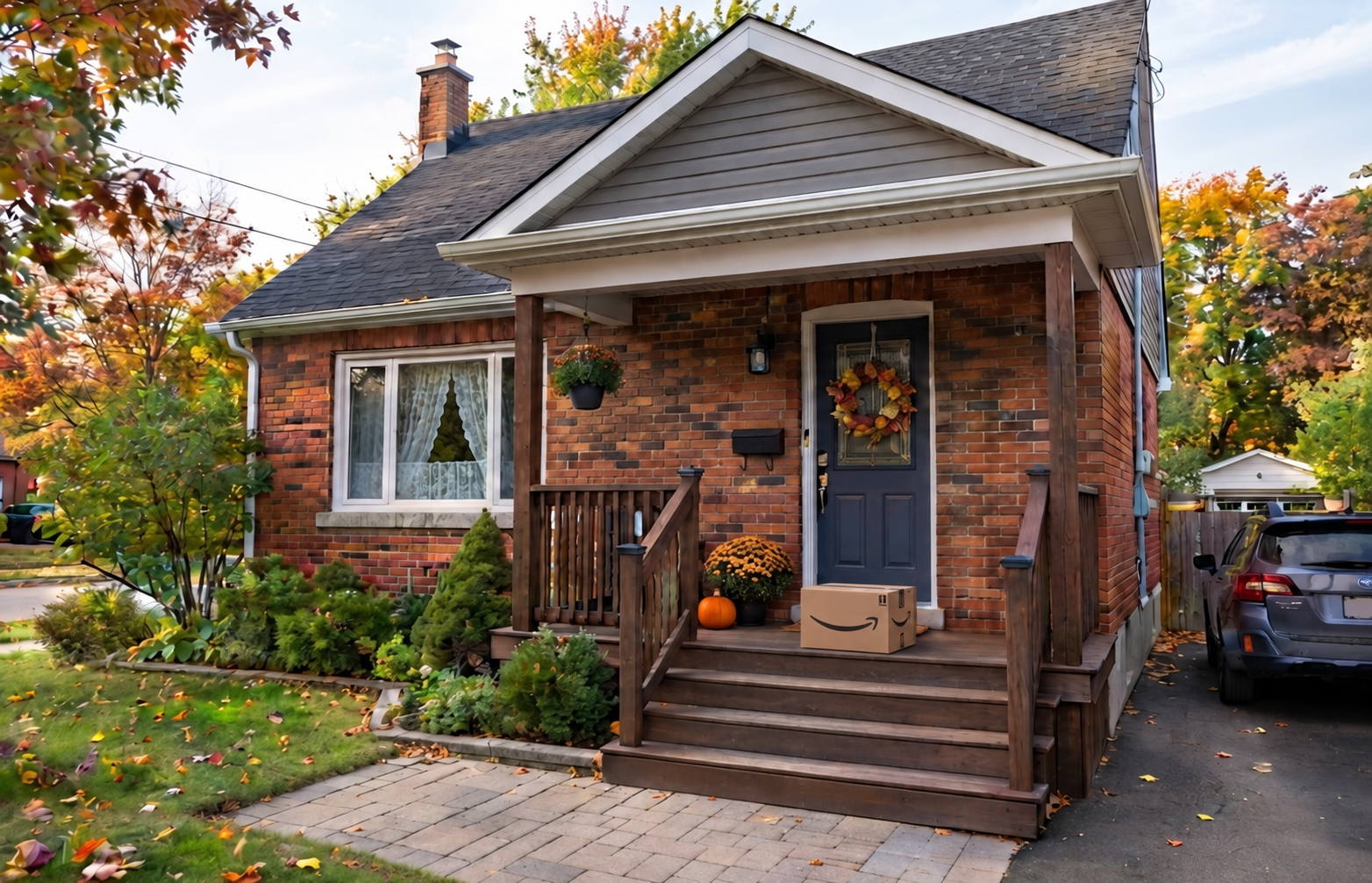 A delivery box with household supplies resting on the porch of a brick home in autumn
